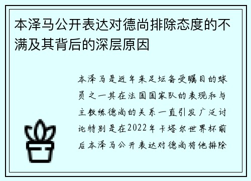本泽马公开表达对德尚排除态度的不满及其背后的深层原因