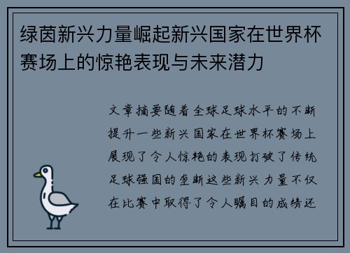 绿茵新兴力量崛起新兴国家在世界杯赛场上的惊艳表现与未来潜力