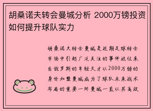 胡桑诺夫转会曼城分析 2000万镑投资如何提升球队实力 胡桑诺夫转会曼城分析 2000万镑投资如何提升球队实力