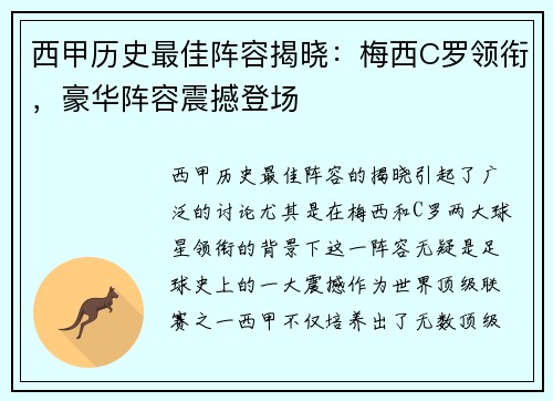 西甲历史最佳阵容揭晓：梅西C罗领衔，豪华阵容震撼登场